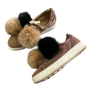 Philippe Model Madeleine fox fur Pom-Pom velour camel colored sneakers